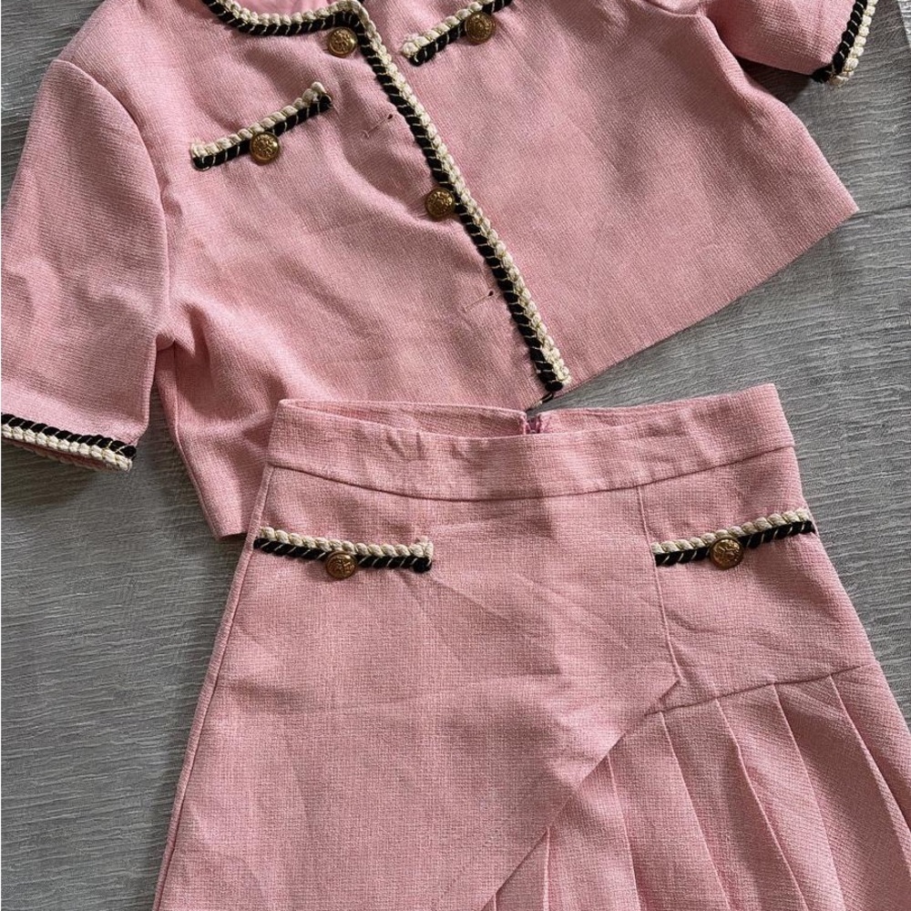 Chic Pink Two-Piece Set with Gold Buttons